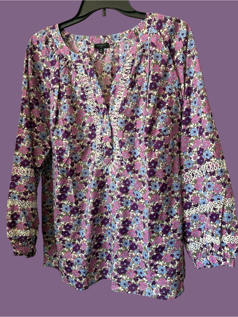 Talbots Purple Floral Lace-Trim Peasant Top